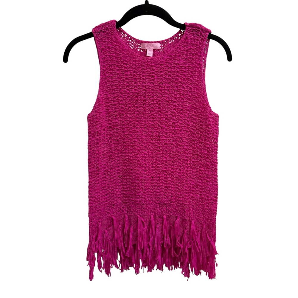 Lilly Pulitzer Lua Berry Sangria Pink sleeveless knit fringe Sweater Size XS